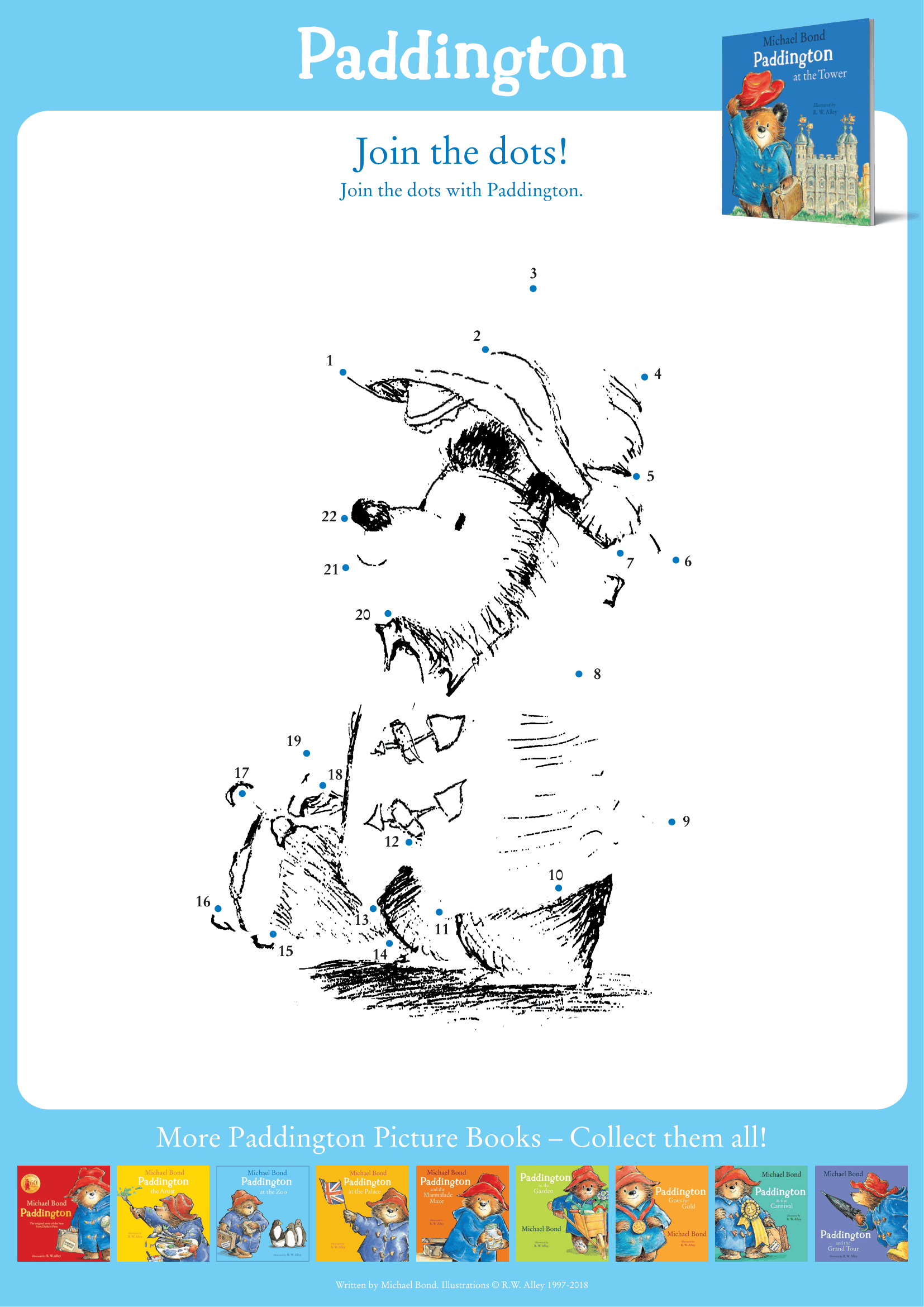 Free printable Paddington dot-to-dot activity sheet.